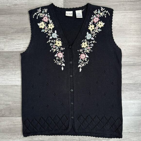 Vintage Sweaters - Vintage 90s Cottagecore Black Embroidered Floral Button V-Neck Sweater Vest XL